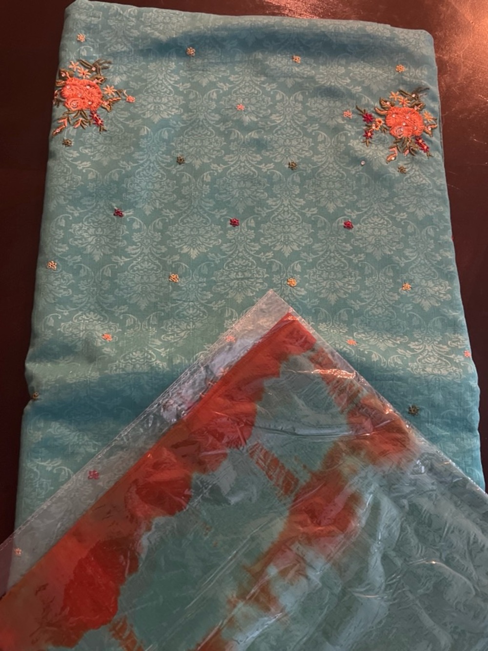 Embroidered Floral Chiffon suit in Teal and Coral loose fabric for suit